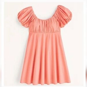 Abercrombie & Fitch Ruched Puff Sleeve Poplin Babydoll Dress Peach Sz L Party